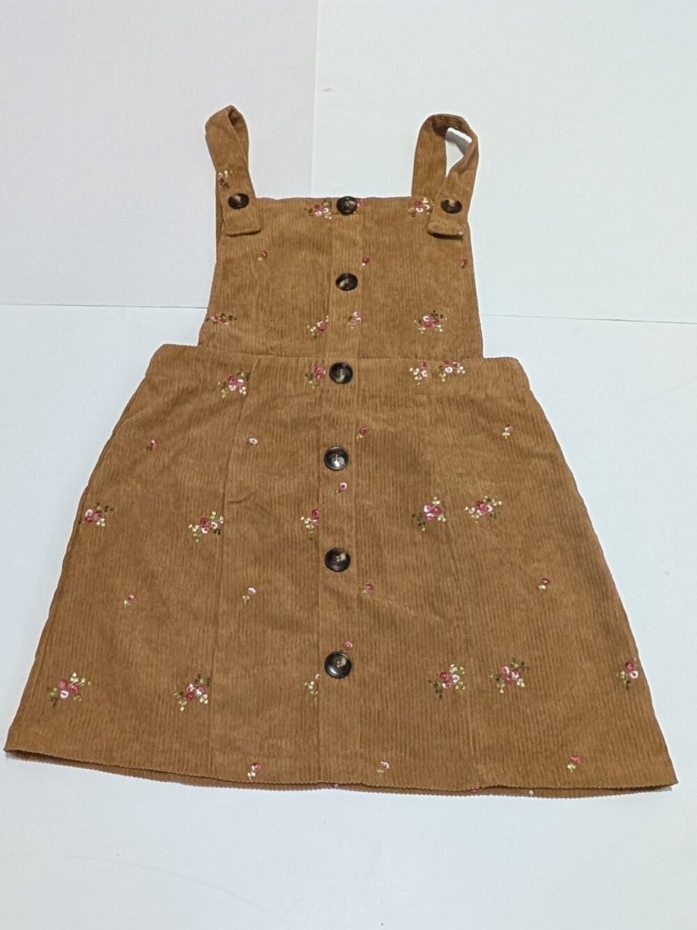 Pink Lily Women's Tan Corduroy Overall Mini Dress w/ Flower Embroidery, Size XS